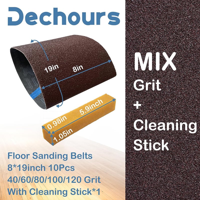 Dechours Store With Cleaning Stick | 8 x 19 Inch Sanding Belts, Assorted 40/60/80/100/120 Grit (10 Pack), EZ-8 Drum Sander Compatible, Aluminum Oxide Sandpaper for Hardwood Floor Sanding - Image 2